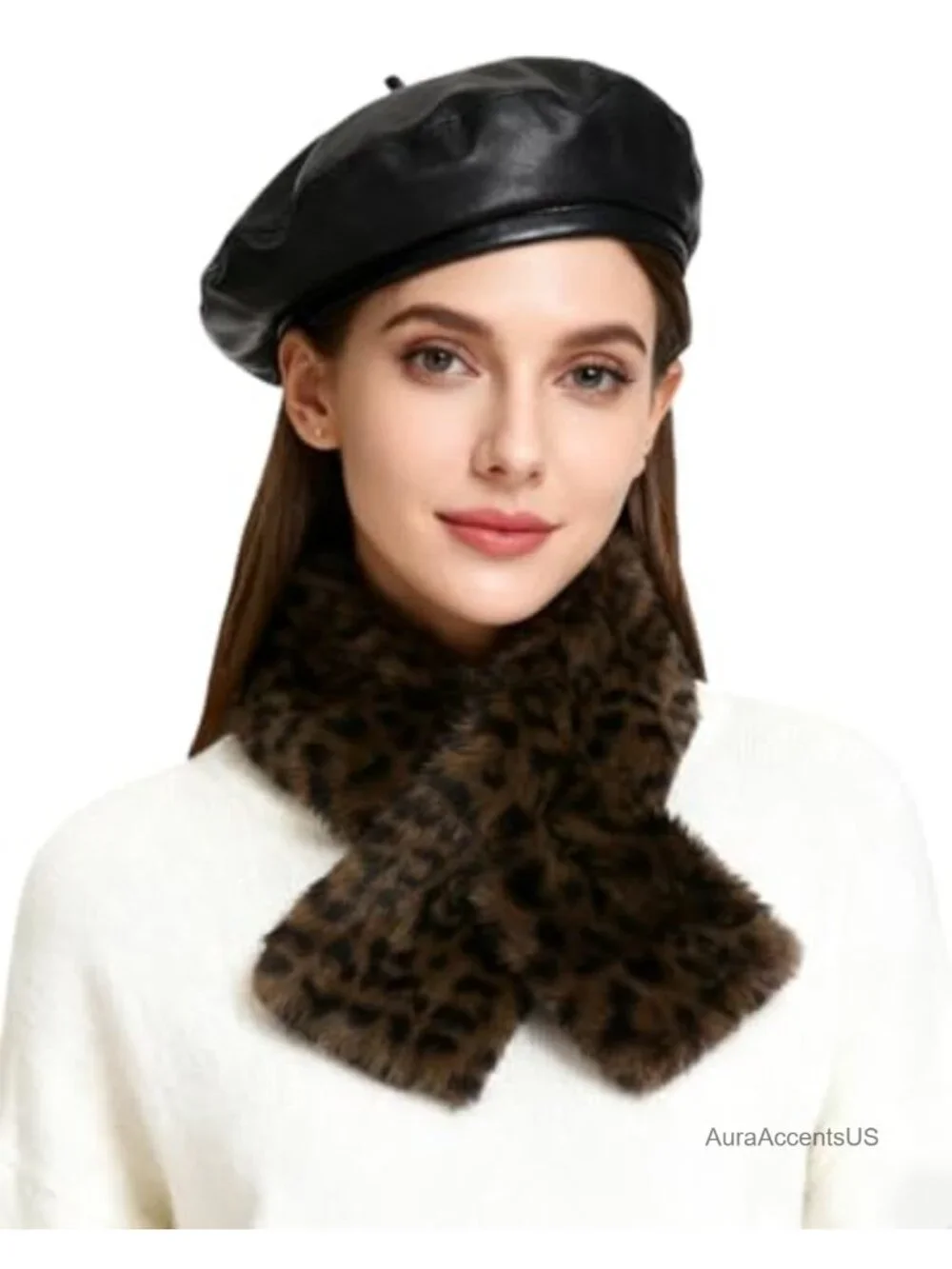 Faux Fur Collar Scarf Leopard Print Pull-Through Neck Warmer Winter